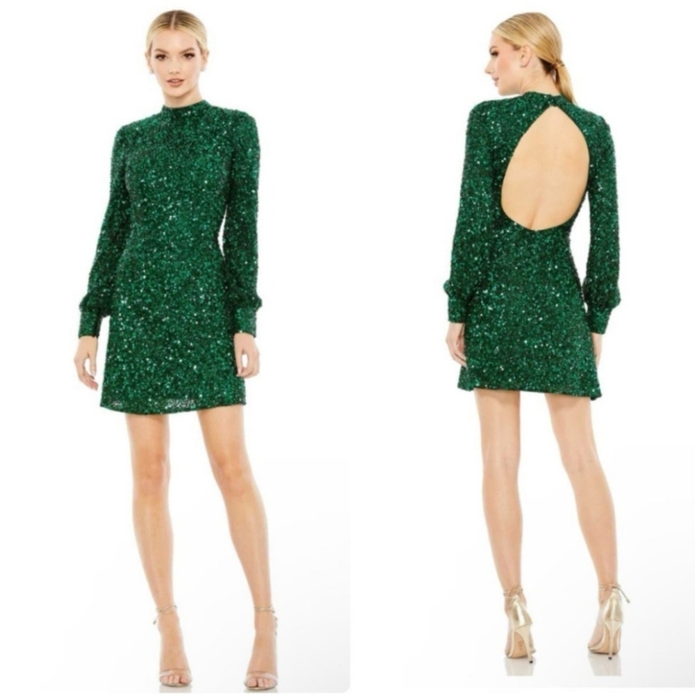 Mac Duggal Emerald Sequin Backless Bishop Sleeve Dress